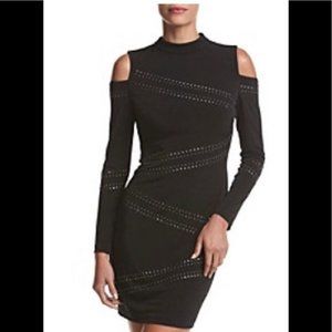 Guess Women Studded Cold Shoulder Dress Mock Neck Long Sleeve Keyhole Black SZ 4